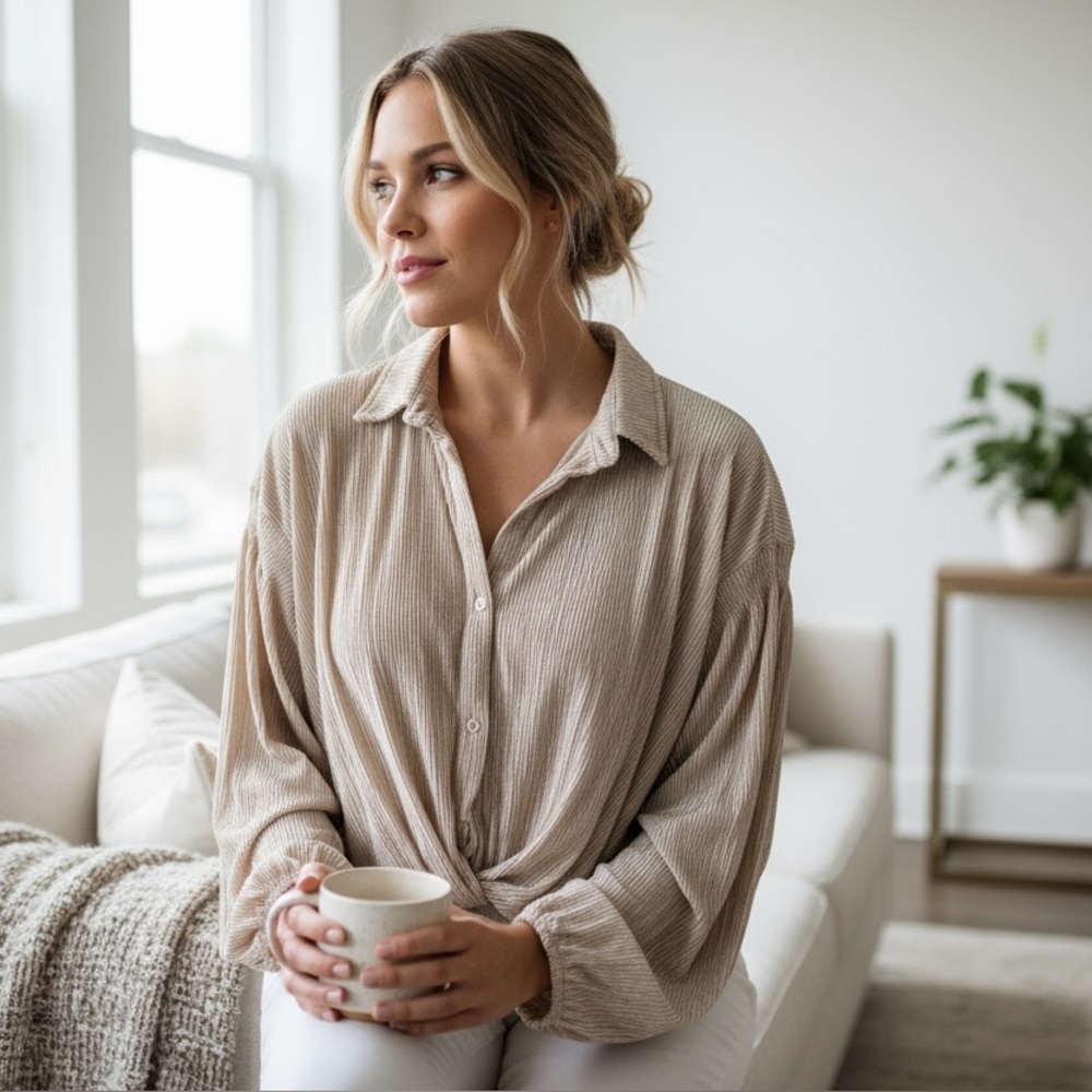 Textured high low oversized blouse.
